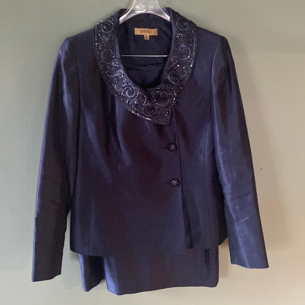 Kasper Navy Beaded Skirt Suit Set size 10